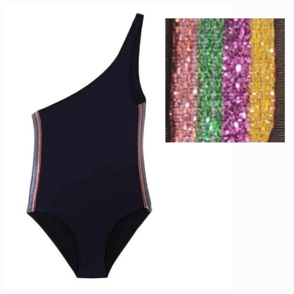 PilyQ Black w/ Rainbow Metallic Stripe One Shoulder One-Piece Girl's Size 6